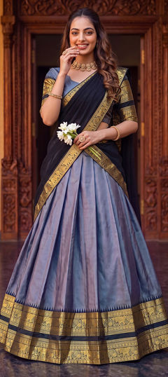 Black and Grey color Lehenga in Poly cotton fabric with Weaving, Zari work
