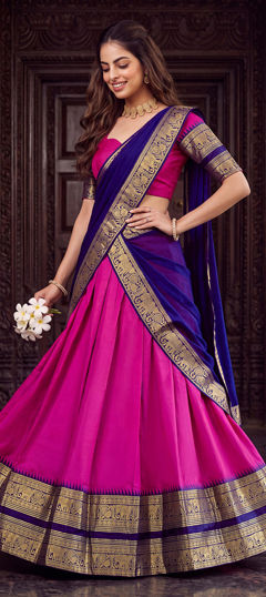 Pink and Majenta color Lehenga in Poly cotton fabric with Weaving, Zari work