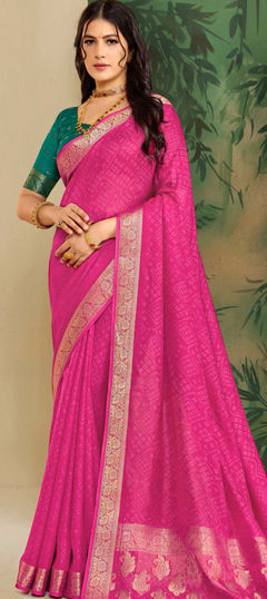 Pink and Majenta color Saree in Silk fabric with Weaving work