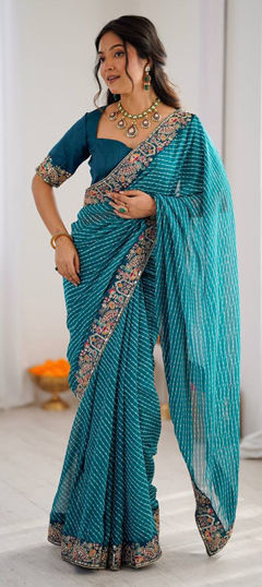Blue color Saree in Faux Georgette fabric with Bandhej, Embroidered, Sequence, Thread work