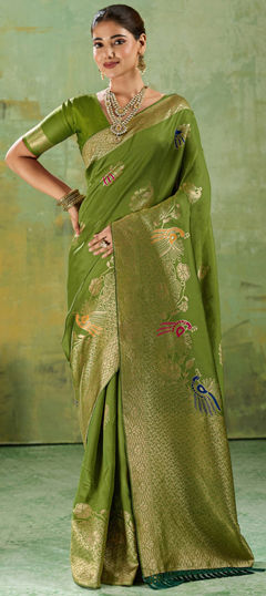 Green color Saree in Banarasi Silk fabric with Weaving, Zari work