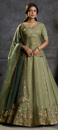 Green color Lehenga in Organza Silk fabric with Embroidered work