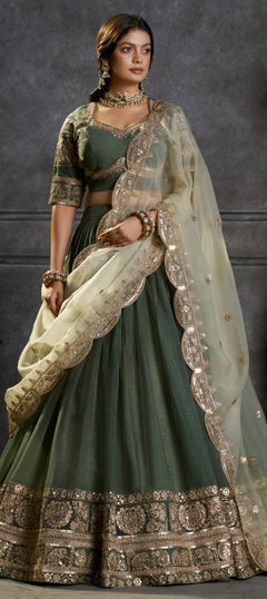 Green color Lehenga in Organza Silk fabric with Embroidered work