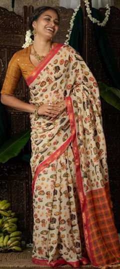 Pink and Majenta, White and Off White color Saree in Linen fabric with Digital Print work