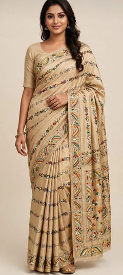 Beige and Brown color Saree in Bangalore Silk fabric with Weaving work