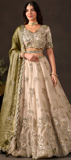 Green color Lehenga in Tissue fabric with Embroidered, Sequence, Thread, Zari work