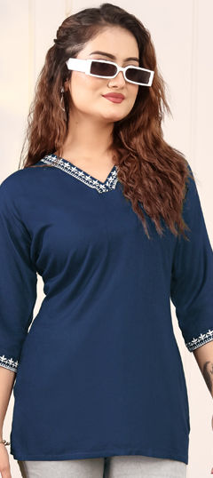 Blue color Kurti in Rayon fabric with Embroidered, Resham work