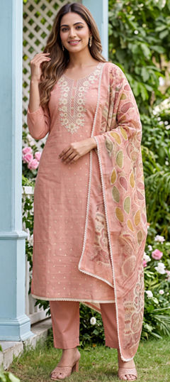 Pink and Majenta color Salwar Kameez in Cotton fabric with Embroidered, Printed work