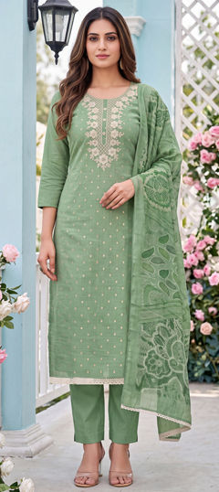 Green color Salwar Kameez in Cotton fabric with Embroidered, Printed work