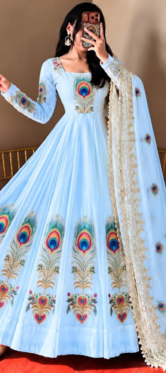 Blue color Salwar Kameez in Tissue fabric with Embroidered, Printed work