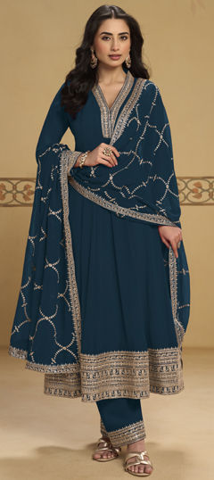 Blue color Salwar Kameez in Georgette fabric with Embroidered work