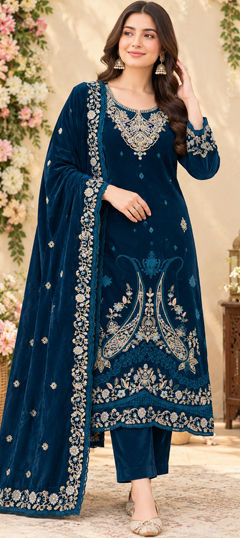 Blue color Salwar Kameez in Velvet fabric with Embroidered work