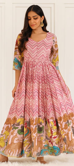 Pink and Majenta color Gown in Tussar Silk fabric with Printed work