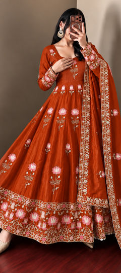 Orange color Salwar Kameez in Tissue fabric with Embroidered work