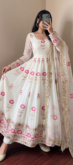 White and Off White color Salwar Kameez in Tissue fabric with Embroidered work