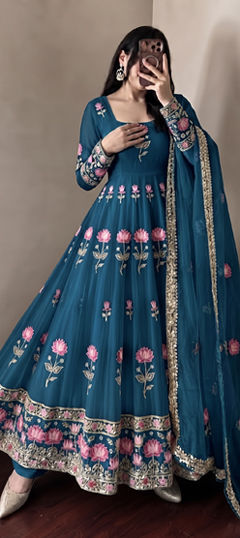 Blue color Salwar Kameez in Tissue fabric with Embroidered work