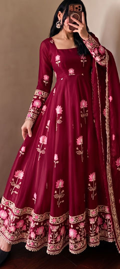 Beige and Brown color Salwar Kameez in Tissue fabric with Embroidered work