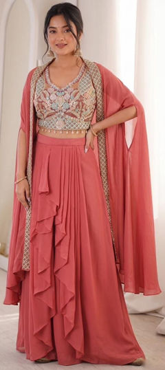 Pink and Majenta color Salwar Kameez in Faux Georgette fabric with Embroidered work