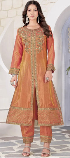 Gold color Salwar Kameez in Georgette fabric with Embroidered, Sequence work