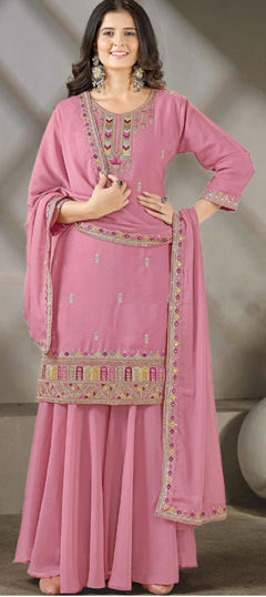 Pink and Majenta color Salwar Kameez in Georgette fabric with Embroidered, Sequence work