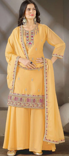 Yellow color Salwar Kameez in Georgette fabric with Embroidered, Sequence work