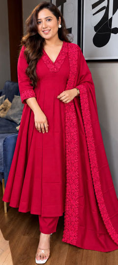 Pink and Majenta color Salwar Kameez in Mul Chanderi fabric with Embroidered work