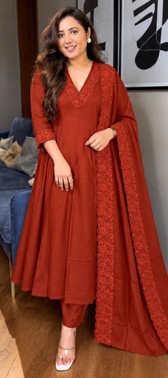 Red and Maroon color Salwar Kameez in Mul Chanderi fabric with Embroidered work