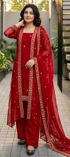 Red and Maroon color Salwar Kameez in Faux Georgette fabric with Embroidered, Sequence work