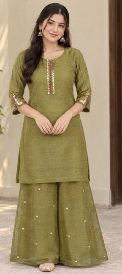 Green color Salwar Kameez in Crushed Silk fabric with Sequence work