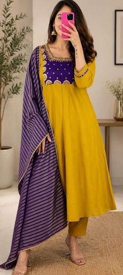 Yellow color Salwar Kameez in Mul Chanderi fabric with Embroidered, Sequence work