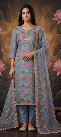 Black and Grey color Salwar Kameez in Organza Silk fabric with Bugle Beads, Sequence, Thread, Zardozi work