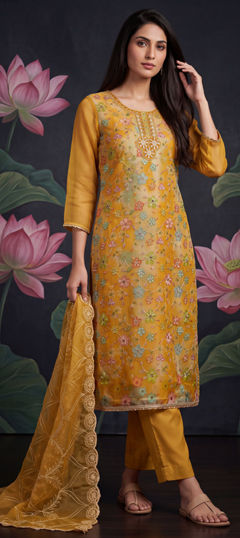 Yellow color Salwar Kameez in Organza Silk fabric with Bugle Beads, Sequence, Thread, Zardozi work