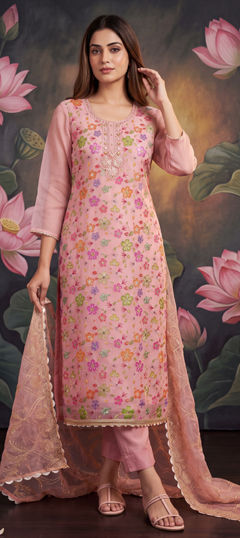 Pink and Majenta color Salwar Kameez in Organza Silk fabric with Bugle Beads, Sequence, Thread, Zardozi work