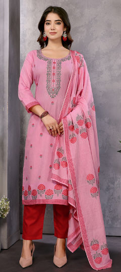 Pink and Majenta, Red and Maroon color Salwar Kameez in Cotton fabric with Embroidered work