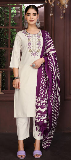 Beige and Brown color Salwar Kameez in Cotton fabric with Embroidered work