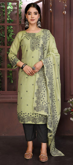 Green color Salwar Kameez in Cotton fabric with Embroidered work