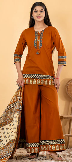Beige and Brown color Salwar Kameez in Cotton fabric with Bugle Beads, Mirror, Printed work