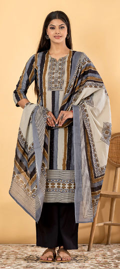 Multicolor color Salwar Kameez in Cotton fabric with Bugle Beads, Cut Dana, Printed, Thread work