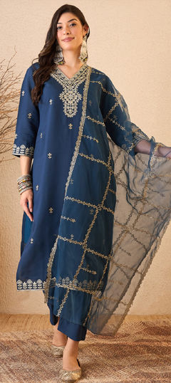 Blue color Salwar Kameez in Blended fabric with Embroidered work