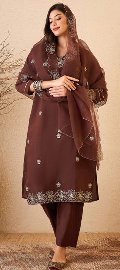 Beige and Brown color Salwar Kameez in Blended fabric with Embroidered work