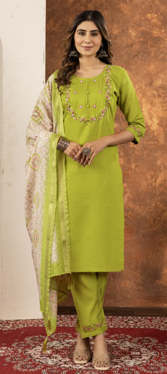 Green color Salwar Kameez in Silk fabric with Bugle Beads, Embroidered, Sequence, Thread work