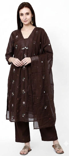 Beige and Brown color Salwar Kameez in Mul Cotton fabric with Embroidered work