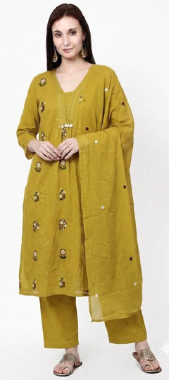 Yellow color Salwar Kameez in Mul Cotton fabric with Embroidered work
