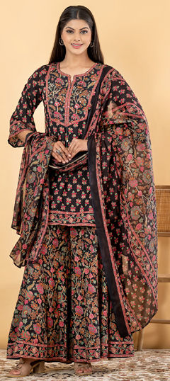 Black and Grey color Salwar Kameez in Cotton fabric with Floral, Mirror, Printed, Sequence, Zari work