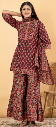 Red and Maroon color Salwar Kameez in Cotton fabric with Floral, Mirror, Printed, Sequence, Zari work