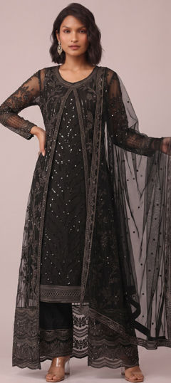 Black and Grey color Salwar Kameez in Net fabric with Embroidered, Sequence work