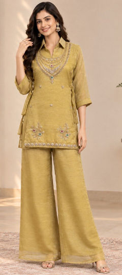 Yellow color Salwar Kameez in Crushed Silk fabric with Bugle Beads, Embroidered work