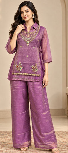 Purple and Violet color Salwar Kameez in Crushed Silk fabric with Bugle Beads, Embroidered work