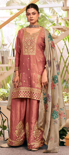 Pink and Majenta color Salwar Kameez in Tissue fabric with Embroidered work