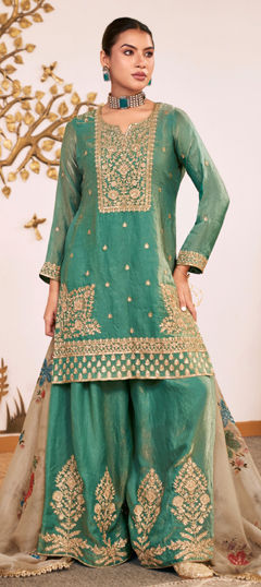 Green color Salwar Kameez in Tissue fabric with Embroidered work